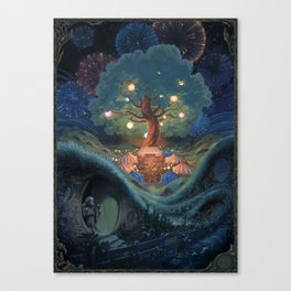The Party Tree Canvas Print | Elf, Sky, Lights, Children, Tree, Night, Acrylic, Party, Fireworks, Watercolor 