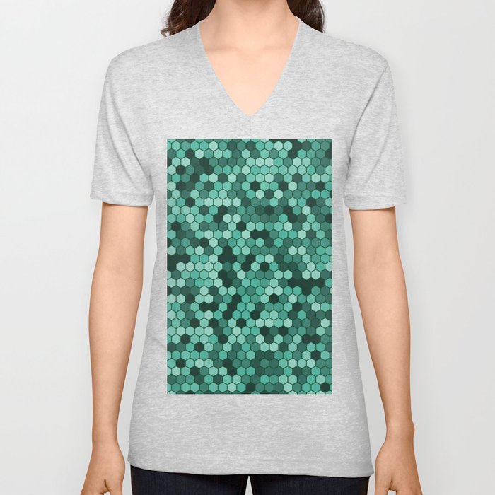 Green & Black Color Hexagon Honeycomb Design V Neck T Shirt