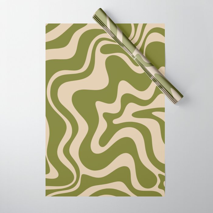 Retro Liquid Swirl Abstract Pattern in Mid Mod Olive Green and Beige  Wrapping Paper by Kierkegaard Design Studio
