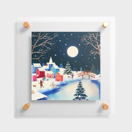 Festive Blue Winter Snow Village Floating Acrylic Print