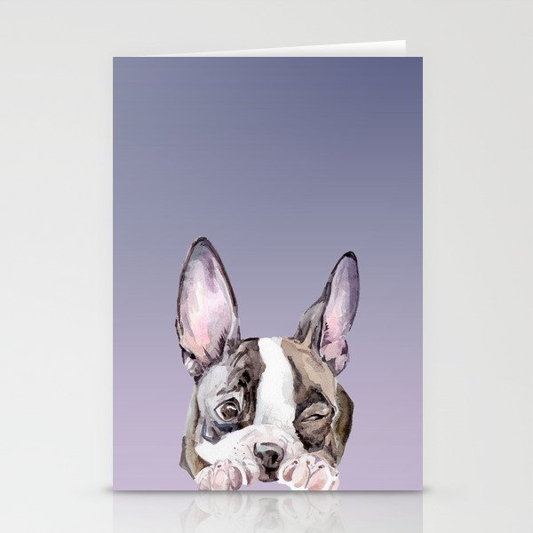 Boston Terrier Dog Watercolor Painting Stationery Cards By