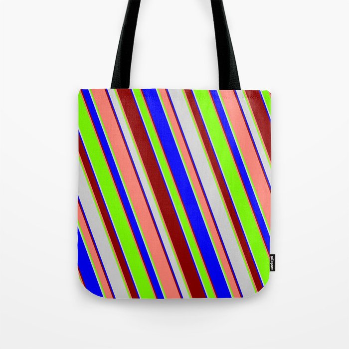 Eyecatching Light Gray, Blue, Dark Red, Salmon & Green Colored Lines Pattern Tote Bag