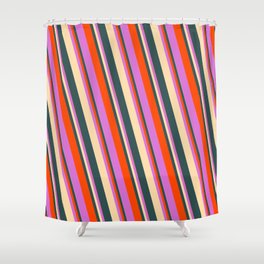 [ Thumbnail: Tan, Dark Slate Gray, Red & Orchid Colored Lined/Striped Pattern Shower Curtain ]