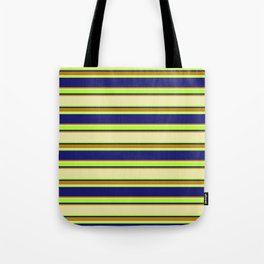 [ Thumbnail: Pale Goldenrod, Light Green, Midnight Blue & Dark Goldenrod Colored Lined/Striped Pattern Tote Bag ]