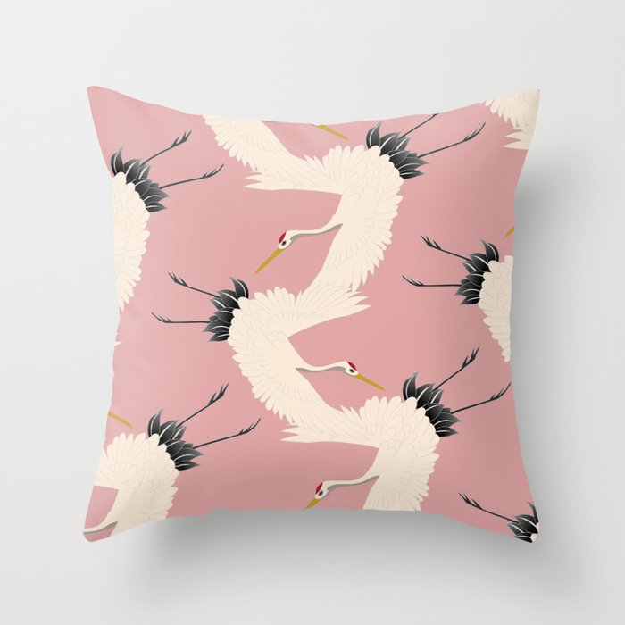 Pink Japanese Cranes Pattern Throw Pillow