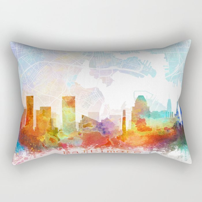 Baltimore Skyline Map Watercolor, Print by Zouzounio Art Rectangular Pillow