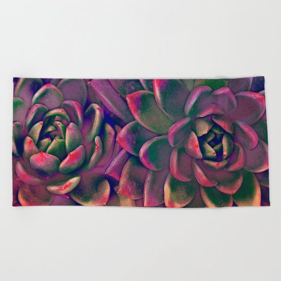 Green & violet succulent Beach Towel