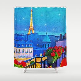 Paris balcony, Eiffel Tower night sky with twinkling stars watercolor romantic floral portrait painting Shower Curtain