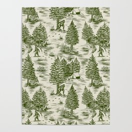 Bigfoot / Sasquatch Toile de Jouy in Forest Green Poster