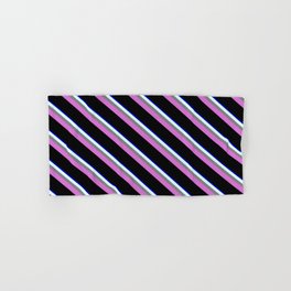 [ Thumbnail: Eyecatching Blue, Light Cyan, Gray, Orchid & Black Colored Lines Pattern Hand & Bath Towel ]