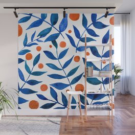Watercolor berries and branches - blue and orange Wall Mural
