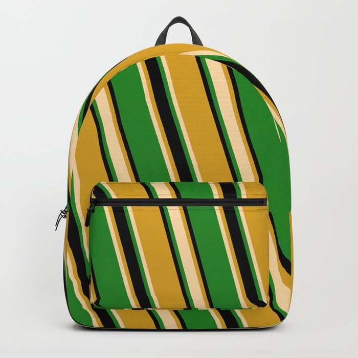 Goldenrod, Tan, Forest Green, and Black Colored Striped/Lined Pattern Backpack