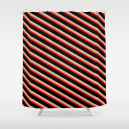 [ Thumbnail: Tan, Red & Black Colored Lined/Striped Pattern Shower Curtain ]