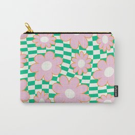Simple Retro Flowers on Alternative Warped Checkerboard (Green & Pink) Carry-All Pouch