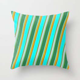 [ Thumbnail: Cyan, Orange, Sea Green, and Light Grey Colored Lined Pattern Throw Pillow ]