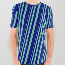 [ Thumbnail: Aquamarine and Blue Colored Stripes/Lines Pattern All Over Graphic Tee ]