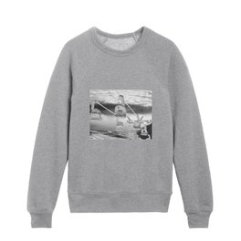 Snow-covered ski lift and chairs winterscape black and white alpine snow photograph - photography - photographs by Anders Carlsson Kids Crewneck