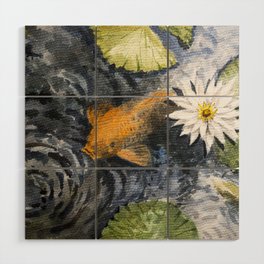 Waterlily and gold fish in watercolor painting Wood Wall Art