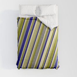 [ Thumbnail: Colorful Pale Goldenrod, Dark Khaki, Green, Grey & Blue Colored Lines/Stripes Pattern Comforter ]