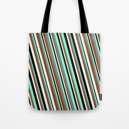 [ Thumbnail: Eyecatching Aquamarine, Gray, Brown, Mint Cream, and Black Colored Striped/Lined Pattern Tote Bag ]