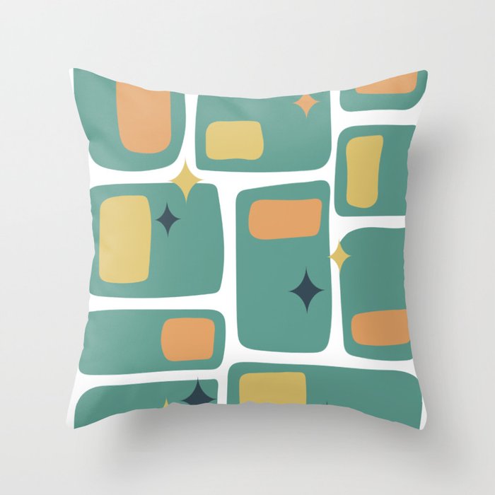 Mid Century Funky Squares and Stars in Teal, Orange and Yellow Throw Pillow