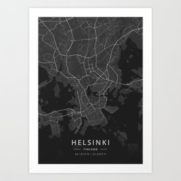 Helsinki, Finland - Dark Map Art Print | Helsinki, Finland, Village, Streets, Art, White, Dark, Street, Designer, Minimalist 
