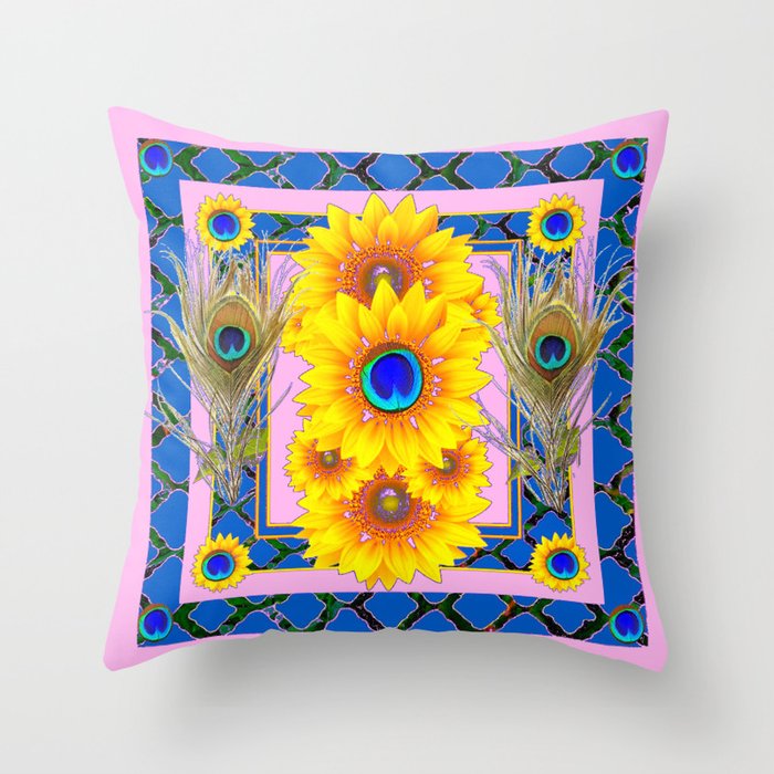 PINK-BLUE PEACOCK SUNFLOWERS DECO JEWELED Throw Pillow