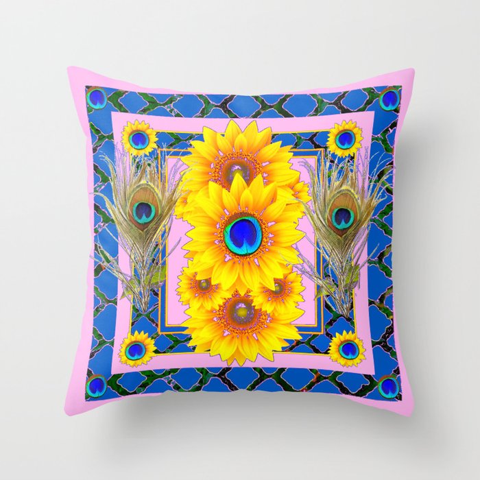 Pink Blue Peacock Sunflowers Deco Jeweled Throw Pillow By