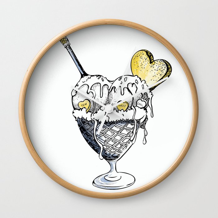 Ice cream in vintage waffle bowl with spoon and heart cookie Wall Clock