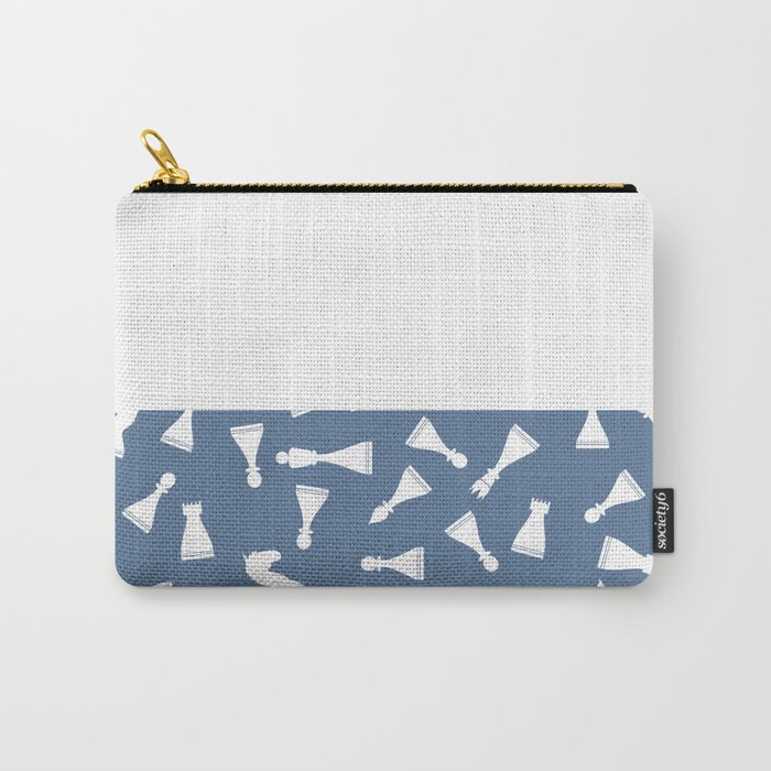 White Chess Pieces on Slate Blue and White Horizontal Split Carry-All Pouch