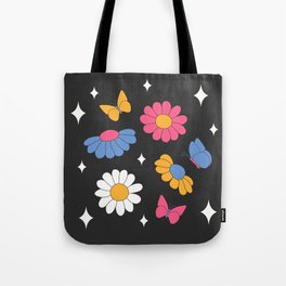 Retro daisies with butterflies and sparkles on black. Tote Bag