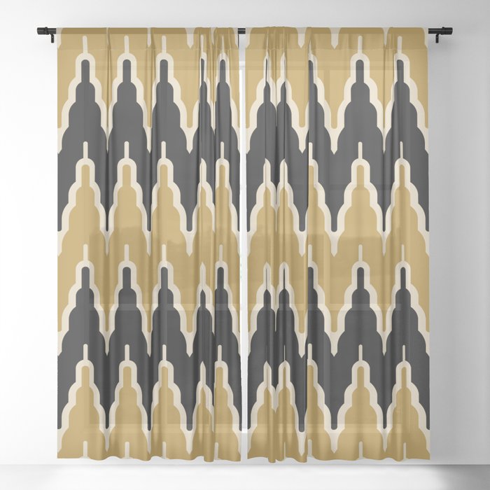 Hollywood Regency Art Deco Chevron Pattern 527 Gold and Black Sheer Curtain