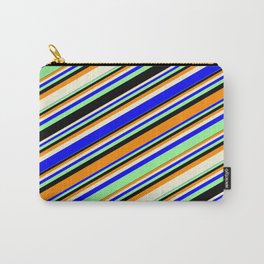 [ Thumbnail: Vibrant Dark Orange, Beige, Blue, Green, and Black Colored Lines/Stripes Pattern Carry-All Pouch ]