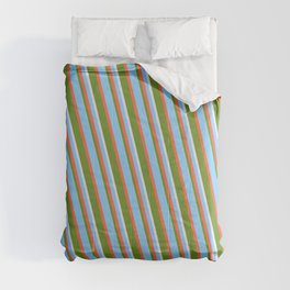 [ Thumbnail: Light Sky Blue, Red, Green & Lavender Colored Lined Pattern Comforter ]