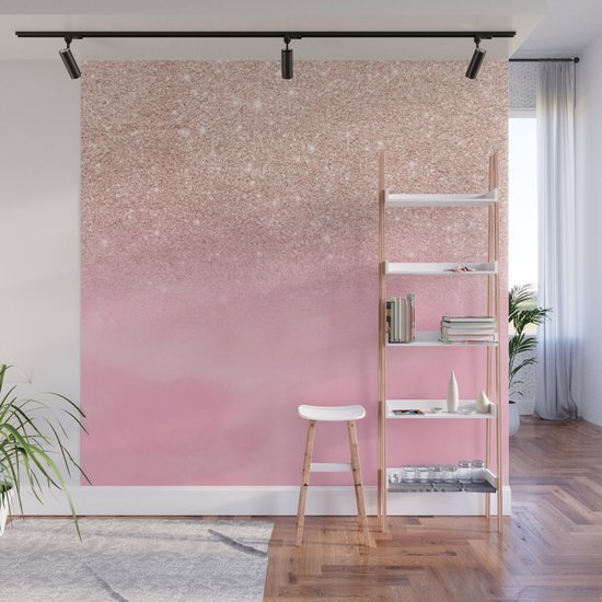 Modern Rose Gold Glitter Ombre Hand Painted Pink Watercolor Wall Mural By Girly Trend Audrey Chenal Society6 - Can You Put Glitter In Paint For Walls
