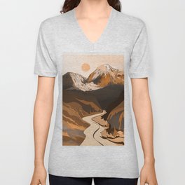 Peaceful Mountain River Sunset V Neck T Shirt