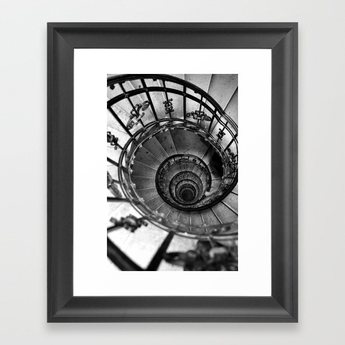 Black and white photography. Spiral staircase photo. Old classic architecture Framed Art Print