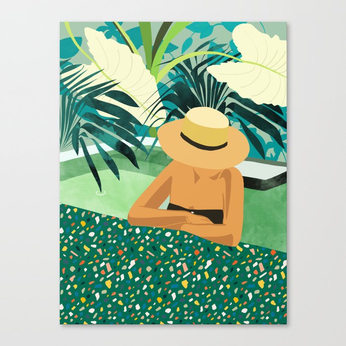 Chill, Modern Bohemian Black Woman Travel Illustration | Terrazzo Tropical Swimming Pool Fashion Canvas Print