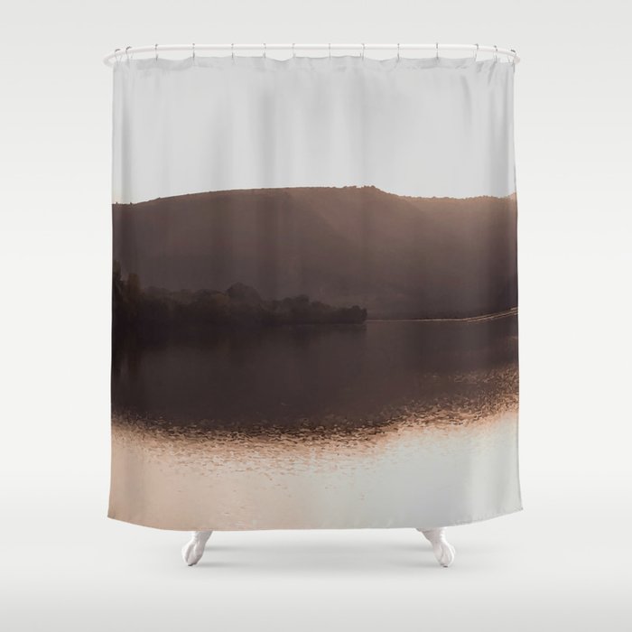 Sepia mountain lake sunset Shower Curtain