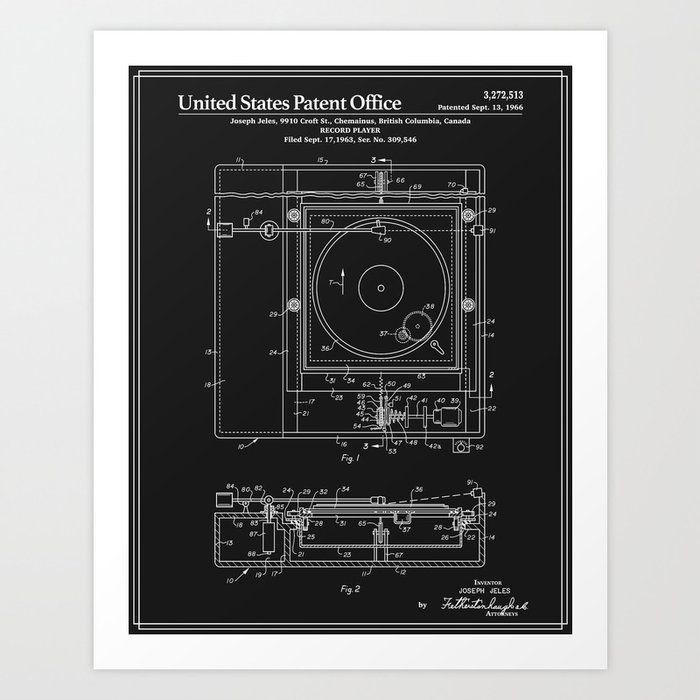 Record Player Patent - Black Art Print