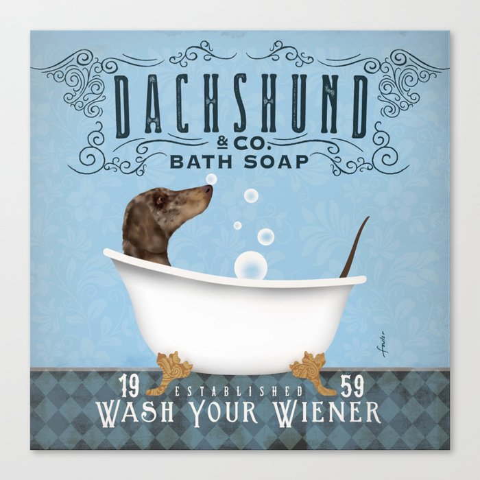 Dapple Dachshund dog bath tub clawfoot wash your wiener art Canvas Print