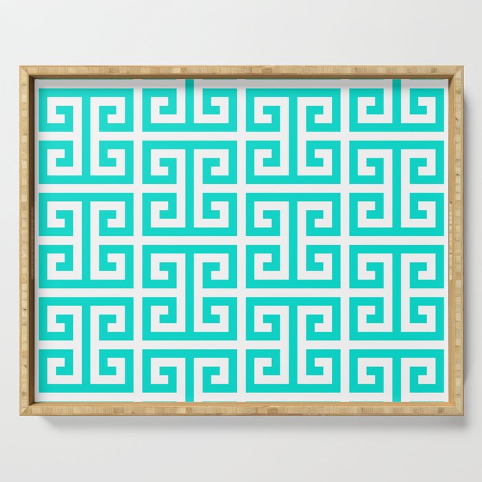 Tropical Turquoise and White Greek Key Pattern Serving Tray