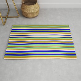 [ Thumbnail: Light Green, Dark Goldenrod, Beige, and Blue Colored Stripes/Lines Pattern Rug ]