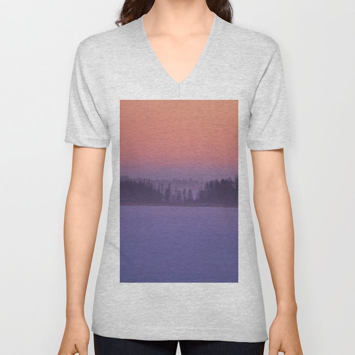 Foggy Winter Evening With Beautiful Sunset Colors In The Sky #decor #society6 #buyart V Neck T Shirt