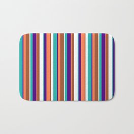 [ Thumbnail: Indigo, Coral, Sienna, White & Light Sea Green Colored Pattern of Stripes Bath Mat ]