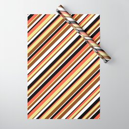 [ Thumbnail: Eyecatching Red, Tan, Brown, White & Black Colored Lined Pattern Wrapping Paper ]