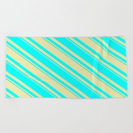 [ Thumbnail: Pale Goldenrod and Cyan Colored Striped/Lined Pattern Beach Towel ]
