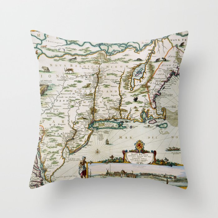 1664 New York - New Amsterdam with Connecticut, Rhode Island, Cape Cod and New England - New Netherland Vintage Map illustration Throw Pillow