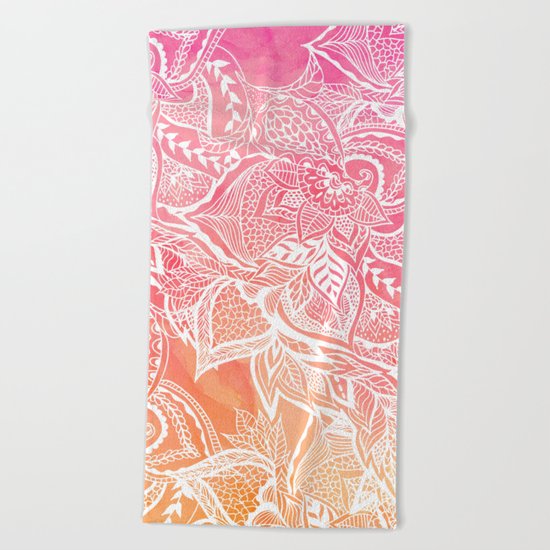 Modern pink coral ombre sunset watercolor floral white boho hand drawn pattern Beach Towel