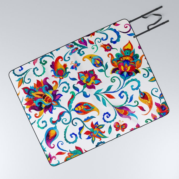 Exotic Oriental Chintz Summer Floral Pattern Picnic Blanket